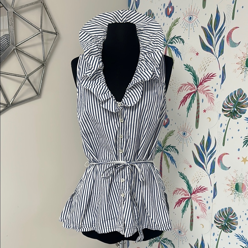 Ralph Lauren Blue and White Sleeveless Ruffled Button Down Top